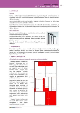 MÓDULO III
Matemáticas y Tecnología 3º
6. El proyecto tecnológico 129
2. MATERIALES
Madera
Vamos a utilizar aglomerado de 19 milímetros de grosor chapado por ambas caras en
madera de roble para la estructura general, que nos las pueden servir en tableros de 244 x
122 centímetros.
Pondremos también cantoneras de madera pegadas en los laterales vistos del tablero que
se pueden conseguir en rollos de 5 metros.
Para reforzar las uniones utilizaremos espigas de madera de 10 milímetros de diámetro, lo
compraremos en barras de un metro para que resulte más económico y las cortaremos de
100 en 100 mm.
Otros materiales
Para dar estabilidad al conjunto se unirán las maderas mediante
tornillos de ensamblaje tipo allen.
Pondremos 4 ruedas para la movilidad de la mesa, dos de ellas
llevarán un mecanismo de seguridad que es necesario levantar
para que rueden.
Cajas de cartón reciclado del menor tamaño posible para su
embalaje.
3. HERRAMIENTAS
En el taller necesitaremos una mesa de corte para el aglomerado, una máquina de pegar
cantos y un taladro de mesa para marcar los agujeros donde irán los tornillos y hacer los
huecos para las espigas. Los clientes sólo deberán usar para el montaje un destornillador
tipo estrella y una llave allen.
4. PLAN DE CONSTRUCCIÓN
a) Realizaríamos una secuenciación de tareas con gráficos detallados.
 Para la empresa: corte de los
distintos elementos en el
tablero, pegado de los cantos en
los lados que corresponde, bolsa
de material para el cliente
(tornillos allen y espigas para
fijar los tableros, tornillos
madera para las ruedas, dos
ruedas que se puedan fijar y dos
móviles) y planificación para
embalar el material.
Adjuntamos detalle del corte del
tablero, es importante poner las
piezas de la forma más
adecuada para optimizar la
superficie. Incluso, se deberían
reelaborar las medidas para que
sean escasos los desechos de
este material que encarece la
producción. Con la distribución
de la figura se ahorra una sexta
parte.
 Para el cliente: realizaremos
un listado del material que le
entregamos y unos planos
detallados para el montaje.
 