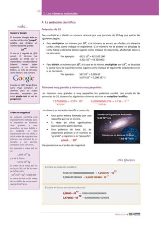 MÓDULO III 
20
1. Los números racionales
4. La notación científica
Potencias de 10
Para multiplicar o dividir un número racional por una potencia de 10 hay que aplicar las
siguientes reglas:
 Para multiplicar un número por 10
n
, si el número es entero se añaden a la derecha
tantos ceros como indique el exponente. Si el número no es entero se desplaza la
coma hacia la derecha tantos lugares como indique el exponente, añadiendo ceros si
es necesario.
Por ejemplo: 4321·10
5
= 432 100 000
4,321·10
7
= 43 210 000
 Para dividir un número por 10
n
, o lo que es lo mismo, multiplicar por 10
-n
, se desplaza
la coma hacia la izquierda tantos lugares como indique el exponente añadiendo ceros
si es necesario.
Por ejemplo: 567·10
-5
= 0,005 67
5,673·10
-4
= 0,000 567 3
Números muy grandes y números muy pequeños
Los números muy grandes o muy pequeños los podemos escribir con ayuda de las
potencias de 10, observa los siguientes números escritos en notación científica.
3 57900000�������
8 𝑐𝑖𝑓𝑟𝑎𝑠
= 3,579 ∙ 108
0, 000000009��������� 256
9 𝑐𝑖𝑓𝑟𝑎𝑠
= 9,256 ∙ 10−9
Un número en notación científica consta de:
• Una parte entera formada por una
sola cifra que no es el cero.
• El resto de cifras significativas
puestas como parte decimal.
• Una potencia de base 10, de
exponente positivo si el número es
"grande" y negativo si es "pequeño".
a,bcd... · 10n
El exponente n es el orden de magnitud.
Más ejemplos
más...
Googol y Google
El buscador Google debe su
nombre al término "googol",
palabra que designa un
número bastante grande:
10
100
O sea un 1 seguido de ¡100
ceros!. El término fué
acuñado en 1938 por el
matemático estadounidense
Edward Kasner quien
preguntó a su sobrino
Milton, un niño de 10 años,
cómo llamar a ese número.
Cuando en 1997 Sergei Brin y
Larry Page compran un
dominio para su nuevo
buscador, adquieren por
error google.com en vez de
googol.com
Orden de magnitud
La notación científica está
especialmente indicada para
la expresión de números
muy grandes o muy
pequeños, ya que debido a
su longitud es fácil
equivocarse con sus cifras, y
así el orden de magnitud nos
informa con claridad de su
tamaño y nos permite
comparar unos con otros.
Por ejemplo la masa del Sol
es:
1,989·10
30
kg
y la de la Tierra:
5,976·10
24
kg
El orden de la masa del Sol
en kg es 30 y el de la masa
de la Tierra 24,
10
30
/10
24
=10
6
=1 000 000
La masa del Sol es del orden
de un millón de veces mayor
que la de la Tierra.
 