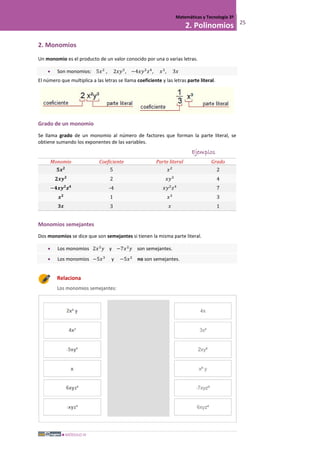 MÓDULO III
Matemáticas y Tecnología 3º
2. Polinomios 25
2. Monomios
Un monomio es el producto de un valor conocido por una o varias letras.
• Son monomios: 5𝑥2
, 2𝑥𝑦3
, −4𝑥𝑦2
𝑧4
, 𝑥3
, 3𝑥
El número que multiplica a las letras se llama coeficiente y las letras parte literal.
Grado de un monomio
Se llama grado de un monomio al número de factores que forman la parte literal, se
obtiene sumando los exponentes de las variables.
Ejemplos
Monomio Coeficiente Parte literal Grado
𝟓𝒙 𝟐
5 𝑥2
2
𝟐𝒙𝒚 𝟑
2 𝑥𝑦3
4
−𝟒𝒙𝒚 𝟐
𝒛 𝟒
-4 𝑥𝑦2
𝑧4
7
𝒙 𝟑
1 𝑥3
3
𝟑𝒙 3 𝑥 1
Monomios semejantes
Dos monomios se dice que son semejantes si tienen la misma parte literal.
• Los monomios 2𝑥2
𝑦 y −7𝑥2
𝑦 son semejantes.
• Los monomios −5𝑥3
y −5𝑥2
no son semejantes.
Relaciona
Los monomios semejantes:
 