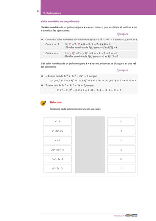 MÓDULO III
28
2. Polinomios
Valor numérico de un polinomio
El valor numérico de un polinomio para x = a es el número que se obtiene al sustituir x por
a y realizar las operaciones.
Ejemplos
 Calcula el valor numérico del polinomio 𝑃(𝑥) = 3𝑥3
− 7𝑥2
+ 8 para x=2 y para x=-1
Para 𝑥 = 2 3 · 23
− 7 · 22
+ 8 = 3 · 8 − 7 · 4 + 8 = 4
El valor numérico de P(x) para x = 2 es P(2) = 4.
Para 𝑥 = −1 3 · (−1)3
− 7 · (−1)2
+ 8 = − 3 − 7 + 8 = − 2
El valor numérico de P(x) para x = -1 es P(-1) = -2
Si el valor numérico de un polinomio para x = a es cero, entonces se dice que a es una raíz
del polinomio.
Ejemplos
 −3 es un raíz de 2𝑥4
+ 5𝑥3
− 2𝑥2
− 9 porque:
2 · (−3)4
+ 5 · (−3)3
− 2 · (−3)2
− 9 = 2 · 81 + 5 · (−27) − 2 · 9 − 9 = 0
 2 es un raíz de 2𝑥3
− 3𝑥2
− 3𝑥 + 2 porque:
2 · 23
− 3 · 22
− 3 · 2 + 2 = 2 · 8 − 3 · 4 − 3 · 2 + 2 = 0
Relaciona
Relaciona cada polinomio con una de sus raíces:
 