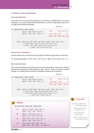 ESPAD
Matemáticas y Tecnología 3º
2. Polinomios 29
3.1 Suma y resta de polinomios
Suma de polinomios
Para sumar dos o más polinomios agrupamos sus términos y simplificamos los monomios
semejantes. La suma se puede hacer directamente o usando la regla práctica que ves en
la imagen de la derecha del ejemplo.
Ejemplo
 Calcular 𝑃(𝑥) + 𝑄(𝑥), siendo
𝑃(𝑥) = −9𝑥4
+ 9𝑥2
+ 5𝑥 + 9
𝑄(𝑥) = −5𝑥4
− 6𝑥3
− 5𝑥2
+ 3
𝑃(𝑥) + 𝑄(𝑥) = (−9𝑥4
+ 9𝑥2
+ 5𝑥 + 9) + (−5𝑥4
− 6𝑥3
− 5𝑥2
+ 3) =
= −9𝑥4
+ 9𝑥2
+ 5𝑥 + 9 − 5𝑥4
− 6𝑥3
− 5𝑥2
+ 3 =
= −9𝑥4
− 5𝑥4
− 6𝑥3
+ 9𝑥2
− 5𝑥2
+ 5𝑥 + 9 + 3 =
= −14𝑥4
− 6𝑥3
+ 4𝑥2
+ 5𝑥 + 12
Opuesto de un polinomio
Se llama opuesto de un polinomio al que resulta de cambiar de signo todos sus términos.
 El opuesto de 𝑄(𝑥) = −5𝑥4
− 6𝑥3
− 5𝑥2
+ 3 es −𝑄(𝑥) = 5𝑥4
+ 6𝑥3
+ 5𝑥2
− 3
Resta de polinomios
Para restar dos polinomios actuamos como en la suma teniendo en cuenta que al quitar el
paréntesis al sustraendo, al llevar delante el signo “menos”, todos sus términos cambian
de signo. En la regla práctica sumamos al minuendo el opuesto del sustraendo.
Ejemplo
 Calcular 𝑃(𝑥) − 𝑄(𝑥), siendo
𝑃(𝑥) = −9𝑥4
+ 9𝑥2
+ 5𝑥 + 9
𝑄(𝑥) = −5𝑥4
− 6𝑥3
− 5𝑥2
+ 3
𝑃(𝑥) − 𝑄(𝑥) = (−9𝑥4
+ 9𝑥2
+ 5𝑥 + 9) − (−5𝑥4
− 6𝑥3
− 5𝑥2
+ 3) =
= −9𝑥4
+ 9𝑥2
+ 5𝑥 + 9 + 5𝑥4
+ 6𝑥3
+ 5𝑥2
− 3 =
= −9𝑥4
+ 5𝑥4
+ 6𝑥3
+ 9𝑥2
+ 5𝑥2
+ 5𝑥 + 9 − 3 =
= −4𝑥4
+ 6𝑥3
+ 14𝑥2
+ 5𝑥 + 6
Practica
2) Calcula P(x) + Q(x) y P(x) – Q(x) siendo:
a) 𝑃(𝑥) = 𝑥5
+ 6𝑥4
− 8𝑥3
+ 4𝑥 − 7
𝑄(𝑥) = −4𝑥4
− 2𝑥3
− 8𝑥 + 9
b) 𝑃(𝑥) = −7𝑥4
+ 9𝑥3
+ 3𝑥 − 2
𝑄(𝑥) = −𝑥4
+ 7𝑥3
+ 7𝑥2
+ 4𝑥
c) 𝑃(𝑥) = 5𝑥4
+ 4𝑥3
− 4𝑥2
+ 3𝑥 − 2
𝑄(𝑥) = −3𝑥3
− 4𝑥2
+ 5𝑥 − 3
d) 𝑃(𝑥) = 8𝑥4
+ 8𝑥3
+ 5𝑥2
− 6𝑥 − 6
𝑄(𝑥) = 3𝑥5
− 7𝑥4
+ 8𝑥3
− 𝑥2
+ 8𝑥 + 4
−9𝑥4
− 6𝑥3
+ 9𝑥2
+ 5𝑥 + 9
−5𝑥4
− 6𝑥3
− 5𝑥2
+ 5𝑥 + 3
−14𝑥4
− 6𝑥3
+ 4𝑥2
+ 5𝑥 + 12
−9𝑥4
− 6𝑥3
+ 9𝑥2
+ 5𝑥 + 9
5𝑥4
+ 6𝑥3
+ 5𝑥2
− 5𝑥 − 3
−4𝑥4
+ 6𝑥3
+ 14𝑥2
+ 5𝑥 + 6
Comprueba
2. a) x
5
+2x
4
-10x
3
-4x+2
x
5
+10x
4
-6x
3
+12x-16
b) -8x
4
+16x
3
+7x
2
+7x-2
-6x
4
+2x
3
-7x
2
-x-2
c) 5x
4
+x
3
-8x
2
+8x-5
5x
4
+7x
3
-2x+1
d) 3x
5
+x
4
-16x
3
+4x
2
+2x-2
-3x
5
+15x
4
+6x
2
-14x-10
 