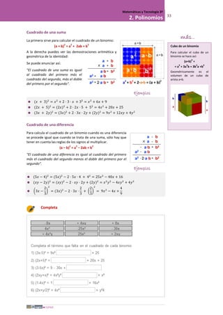 ESPAD
Matemáticas y Tecnología 3º
2. Polinomios 33
Cuadrado de una suma
La primera sirve para calcular el cuadrado de un binomio:
(a + b)
2
= a
2
+ 2ab + b
2
A la derecha puedes ver las demostraciones aritmética y
geométrica de la identidad:
Se puede enunciar así:
"El cuadrado de una suma es igual
al cuadrado del primero más el
cuadrado del segundo, más el doble
del primero por el segundo".
Ejemplos
 (𝑥 + 3)2
= 𝑥2
+ 2 · 3 · 𝑥 + 32
= 𝑥2
+ 6𝑥 + 9
 (2𝑥 + 5)2
= (2𝑥)2
+ 2 · 2𝑥 · 5 + 52
= 4𝑥2
+ 20𝑥 + 25
 (3𝑥 + 2𝑦)2
= (3𝑥)2
+ 2 · 3𝑥 · 2𝑦 + (2𝑦)2
= 9𝑥2
+ 12𝑥𝑦 + 4𝑦2
Cuadrado de una diferencia
Para calcula el cuadrado de un binomio cuando es una diferencia
se procede igual que cuando se trata de una suma, sólo hay que
tener en cuenta las reglas de los signos al multiplicar.
(a – b)
2
= a
2
– 2ab + b
2
"El cuadrado de una diferencia es igual al cuadrado del primero
más el cuadrado del segundo menos el doble del primero por el
segundo".
Ejemplos
 (5𝑥 − 4)2
= (5𝑥)2
− 2 · 5𝑥 · 4 + 42
= 25𝑥2
− 40𝑥 + 16
 (𝑥𝑦 − 2𝑦)2
= (𝑥𝑦)2
− 2 · 𝑥𝑦 · 2𝑦 + (2𝑦)2
= 𝑥2
𝑦2
− 4𝑥𝑦2
+ 4𝑦2
 �3𝑥 −
2
3
�
2
= (3𝑥)2
− 2 · 3𝑥 ·
2
3
+ �
2
3
�
2
= 9𝑥2
− 4𝑥 +
4
9
Completa
más...
Cubo de un binomio
Para calcular el cubo de un
binomio se hace así:
(a+b)
3
=
= a
3
+ 3a
2
b + 3b
2
a +b
3
Geométricamente es el
volumen de un cubo de
arista a+b.
a2
+ b2
+ 2·a·b = (a + b)2
 