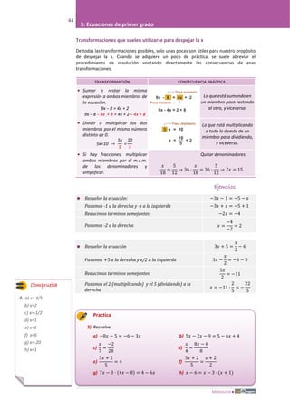 MÓDULO III
44
3. Ecuaciones de primer grado
Transformaciones que suelen utilizarse para despejar la x
De todas las transformaciones posibles, solo unas pocas son útiles para nuestro propósito
de despejar la x. Cuando se adquiere un poco de práctica, se suele abreviar el
procedimiento de resolución anotando directamente las consecuencias de esas
transformaciones.
TRANSFORMACIÓN CONSECUENCIA PRÁCTICA
• Sumar o restar la misma
expresión a ambos miembros de
la ecuación.
9x – 8 = 4x + 2
9x – 8 – 4x + 8 = 4x + 2 – 4x + 8
Lo que está sumando en
un miembro pasa restando
al otro, y viceversa.
• Dividir o multiplicar los dos
miembros por el mismo número
distinto de 0.
5x=10 →
5x
5
=
10
5
Lo que está multiplicando
a todo lo demás de un
miembro pasa dividiendo,
y viceversa.
• Si hay fracciones, multiplicar
ambos miembros por el m.c.m.
de los denominadores y
simplificar.
Quitar denominadores.
𝑥
18
=
5
12
→ 36 ·
𝑥
18
= 36 ·
5
12
→ 2𝑥 = 15
Ejemplos
 Resuelve la ecuación: −3𝑥 − 1 = −5 − 𝑥
Pasamos -1 a la derecha y -x a la izquierda −3𝑥 + 𝑥 = −5 + 1
Reducimos términos semejantes −2𝑥 = −4
Pasamos -2 a la derecha 𝑥 =
−4
−2
= 2
 Resuelve la ecuación 3𝑥 + 5 =
𝑥
2
− 6
Pasamos +5 a la derecha y x/2 a la izquierda 3𝑥 −
𝑥
2
= −6 − 5
Reducimos términos semejantes
5𝑥
2
= −11
Pasamos el 2 (multiplicando) y el 5 (dividiendo) a la
derecha
𝑥 = −11 ·
2
5
= −
22
5
Practica
3) Resuelve
a) −8𝑥 − 5 = −6 − 3𝑥 b) 5𝑥 − 2𝑥 − 9 = 5 − 6𝑥 + 4
c)
𝑥
7
=
−2
28
d)
𝑥
4
=
8𝑥 − 6
8
e)
3𝑥 + 2
5
= 4 f)
3𝑥 + 2
5
=
𝑥 + 2
2
g) 7𝑥 − 3 · (4𝑥 − 8) = 4 − 6𝑥 h) 𝑥 − 6 = 𝑥 − 3 · (𝑥 + 1)
Comprueba
3. a) x= 1/5
b) x=2
c) x=-1/2
d) x=1
e) x=6
f) x=6
g) x=-20
h) x=1
 