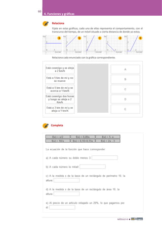 MÓDULO III 
60
4. Funciones y gráficas
Relaciona
Fíjate en estas gráficas, cada una de ellas representa el comportamiento, con el
transcurso del tiempo, de un móvil situado a cierta distancia de donde yo estoy.
Relaciona cada enunciado con la gráfica correspondiente.
Completa
 