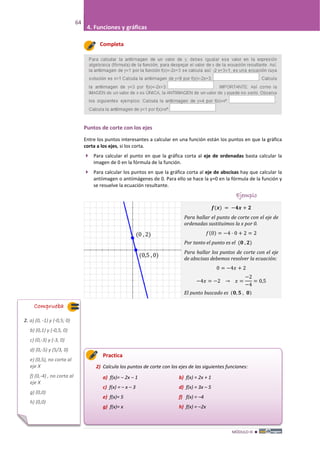 MÓDULO III 
64
4. Funciones y gráficas
Completa
Puntos de corte con los ejes
Entre los puntos interesantes a calcular en una función están los puntos en que la gráfica
corta a los ejes, si los corta.
 Para calcular el punto en que la gráfica corta al eje de ordenadas basta calcular la
imagen de 0 en la fórmula de la función.
 Para calcular los puntos en que la gráfica corta al eje de abscisas hay que calcular la
antiimagen o antiimágenes de 0. Para ello se hace la y=0 en la fórmula de la función y
se resuelve la ecuación resultante.
Ejemplo
Practica
2) Efectúa:
Practica
2) Calcula los puntos de corte con los ejes de las siguientes funciones:
a) f(x)= – 2x – 1 b) f(x) = 2x + 1
c) f(x) = – x – 3 d) f(x) = 3x – 5
e) f(x)= 5 f) f(x) = –4
g) f(x)= x h) f(x) = –2x
Comprueba
2. a) (0, -1) y (-0,5; 0)
b) (0,1) y (-0,5, 0)
c) (0,-3) y (-3, 0)
d) (0,-5) y (5/3, 0)
e) (0,5), no corta al
eje X
f) (0,-4) , no corta al
eje X
g) (0,0)
h) (0,0)
𝒇(𝒙) = −𝟒𝒙 + 𝟐
𝑓(0) = −4 · 0 + 2 = 2
0 = −4𝑥 + 2
−4𝑥 = −2 → 𝑥 =
−2
−4
= 0,5
Para hallar el punto de corte con el eje de
ordenadas sustituimos la x por 0.
Por tanto el punto es el (𝟎 , 𝟐)
Para hallar los puntos de corte con el eje
de abscisas debemos resolver la ecuación:
El punto buscado es (𝟎, 𝟓 , 𝟎)
(0 , 2)
(0,5 , 0)
 