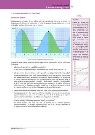 MÓDULO III
Matemáticas y Tecnología 3º
4. Funciones y gráficas 65
3. Características de las funciones
Interpretar gráficas
Debajo aparece la imagen de una gráfica sobre las mareas en el puerto de La Coruña a lo
largo de un día del mes de noviembre. En el eje de abscisas figuran las horas y en el de
ordenadas la altura del nivel del mar en metros.
Gráfica extraída de www.mobilegeographics.com
Analizando esta gráfica podemos obtener casi toda la información precisa sobre este
fenómeno.
 ¿Cuál era el nivel del mar a las 12 del mediodía?.
Si buscamos la imagen de 12 en la gráfica vemos que el nivel del mar era de 2 m.
 ¿En qué tramos de horas la marea está bajando?, y ¿entre qué tramos de horas sube?.
Se han destacado con color verde los tramos de horas en que la marea baja, el nivel
del agua desciende entre las 3 y las 9 de la mañana, y entre las 3 y las 9 de la tarde. De
la misma manera se destacan en azul los tramos de horas en que la marea sube, el
nivel del agua aumenta, de las 0 h a las 3 h y desde las 9 h a las 15 h, y desde las 21 h
a las 3 h del día siguiente (aproximadamente). Aunque en la gráfica sólo se da
información de un día sabemos que las mareas son un fenómeno periódico, es decir
se repetirán de forma muy similar al día siguiente, de ahí el último dato.
 ¿A qué hora se alcanza la pleamar (nivel más alto)?, ¿y la bajamar (nivel más bajo)?.
Hay dos pleamares y dos bajamares. El nivel más alto, pleamar, lo alcanza el agua
aproximadamente, a las 3 de la mañana y a las 3 de la tarde; y la bajamar
aproximadamente también, a las 9 de la mañana y a las 9 de la noche.
 ¿Cuál es la altura máxima que alcanza el agua?, ¿y la mínima?
La altura máxima del nivel del mar la alcanza en la primera pleamar,
aproximadamente 3,70 m según el gráfico (el dato real es de 3,89 m), y la mínima en
la segunda bajamar, unos 70 cm (dato real 83 cm).
La escala
Cuando se estudia una
gráfica es importante fijarse
en la escala que se ha
tomado en cada uno de los
ejes coordenados. Esta
escala no tiene por qué se
igual en ambos ejes sobre
todo si se trata de
magnitudes diferentes
como tiempo y espacio,
peso y precio, altura y área,
etc.
Elegir bien la escala facilita
la representación gráfica,
pero por otra parte, según
se haga, puede llevar a
equívocos. Fíjate en estas
dos gráficas, ambas son de
la misma función pero
parecen muy diferentes,
debido a que la escala del
eje de ordenadas es distinta
en cada una.
más...
 