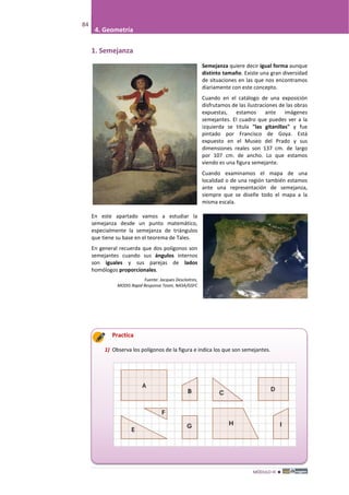 MÓDULO III 
84
4. Geometría
1. Semejanza
Semejanza quiere decir igual forma aunque
distinto tamaño. Existe una gran diversidad
de situaciones en las que nos encontramos
diariamente con este concepto.
Cuando en el catálogo de una exposición
disfrutamos de las ilustraciones de las obras
expuestas, estamos ante imágenes
semejantes. El cuadro que puedes ver a la
izquierda se titula "las gitanillas" y fue
pintado por Francisco de Goya. Está
expuesto en el Museo del Prado y sus
dimensiones reales son 137 cm. de largo
por 107 cm. de ancho. Lo que estamos
viendo es una figura semejante.
Cuando examinamos el mapa de una
localidad o de una región también estamos
ante una representación de semejanza,
siempre que se diseñe todo el mapa a la
misma escala.
En este apartado vamos a estudiar la
semejanza desde un punto matemático,
especialmente la semejanza de triángulos
que tiene su base en el teorema de Tales.
En general recuerda que dos polígonos son
semejantes cuando sus ángulos internos
son iguales y sus parejas de lados
homólogos proporcionales.
Fuente: Jacques Descloitres,
MODIS Rapid Response Team, NASA/GSFC
Practica
1) Observa los polígonos de la figura e indica los que son semejantes.
 