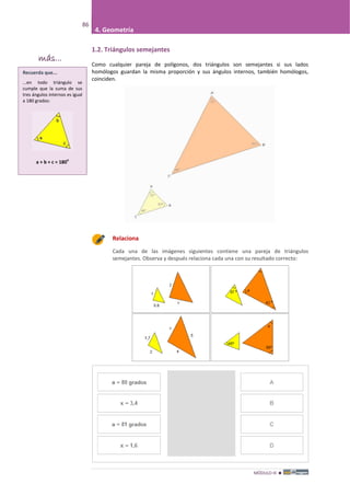 MÓDULO III 
86
4. Geometría
1.2. Triángulos semejantes
Como cualquier pareja de polígonos, dos triángulos son semejantes si sus lados
homólogos guardan la misma proporción y sus ángulos internos, también homólogos,
coinciden.
Relaciona
Cada una de las imágenes siguientes contiene una pareja de triángulos
semejantes. Observa y después relaciona cada una con su resultado correcto:
Recuerda que...
...en todo triángulo se
cumple que la suma de sus
tres ángulos internos es igual
a 180 grados:
a + b + c = 180
o
más...
 