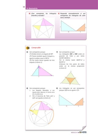 MÓDULO III 
88
4. Geometría
8) ¿Son semejantes los triángulos
amarillo y morado?
9) Responde razonadamente si son
semejantes los triángulos de color
azul y naranja:
Comprueba
6) Son semejantes porque:
1º) Ambos tienen un ángulo de 90º
2º) Tienen también igual el ángulo ,
igual en ambos casos a 90º-
3º) Por tanto tienen iguales los tres
ángulos (criterio 1)
7) Son semejantes ya que:
Los triángulos ABC y DBE están en
posición de Tales y por tanto
AC/DE=CB/EB=2
Por la misma razón AB/EF=2 y
BC/DF=2
Entonces los tres pares de lados
están en la misma proporción
(criterio 2)
8) Son semejantes porque:
1. Los ángulos llamados α son
iguales pues abarcan el mismo arco
de circunferencia.
2. Por el teorema de Tales a/a’ y
b/b’ son iguales (criterio 3)
9) Los triángulos no son semejantes
porque 10/6 no es igual a 7/5.
 