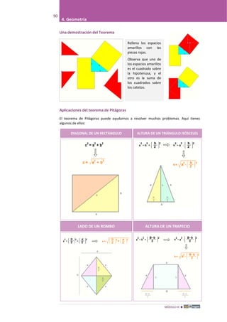 MÓDULO III 
90
4. Geometría
Una demostración del Teorema
Aplicaciones del teorema de Pitágoras
El teorema de Pitágoras puede ayudarnos a resolver muchos problemas. Aquí tienes
algunos de ellos:
DIAGONAL DE UN RECTÁNGULO ALTURA DE UN TRIÁNGULO ISÓSCELES
LADO DE UN ROMBO ALTURA DE UN TRAPECIO
Rellena los espacios
amarillos con las
piezas rojas.
Observa que uno de
los espacios amarillos
es el cuadrado sobre
la hipotenusa, y el
otro es la suma de
los cuadrados sobre
los catetos.
 