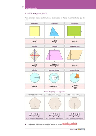 MÓDULO III 
94
4. Geometría
3. Áreas de figuras planas
Para comenzar repasa las fórmulas de las áreas de las figuras más importantes que te
ofrecemos aquí:
cuadrado triángulo rectángulo
A = L
2
A=
B · h
2
A = b · h
rombo trapecio paralelogramo
A=
D · d
2
A=
(B+b) · h
2
A = b · h
círculo corona circular sector circular
A = π · r
2
A = π · (R
2
– r
2
) A=
πr2
α°
360°
Áreas de polígonos regulares
PENTÁGONO REGULAR HEXÁGONO REGULAR OCTÓGONO REGULAR
A=
5 · L · a
2
=
p · a
2
5·L = perímetro del polígono
A=
6 · L · a
2
=
p · a
2
6·L = perímetro del polígono
A=
8 · L · a
2
=
p · a
2
8·L = perímetro del polígono
• En general, el área de un polígono regular es igual a:
perímetro × apotema
2
 