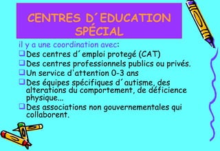 il y a une coordination avec : Des centres d´emploi protegé (CAT) Des centres professionnels publics ou privés. Un service d'attention 0-3 ans  Des équipes spécifiques d´autisme, des alterations du comportement, de déficience physique... Des associations non gouvernementales qui collaborent. CENTRES D´EDUCATION SPÉCIAL 