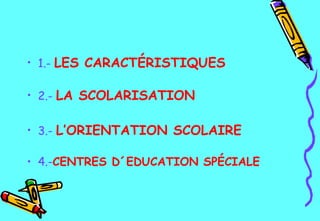 1.-   LES CARACTÉRISTIQUES   2.-   LA SCOLARISATION 3.-   L’ORIENTATION SCOLAIRE   4.- CENTRES D´EDUCATION SPÉCIALE 