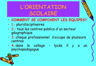 COMMENT SE COMPOSENT LES EQUIPES?  1.-  p luridisciplinaires   2.-   tous les centres publics d'un secteur géographique   3.- chaque professionnel  s’occupe de plusieurs  centres  4.- dans le college - lycée il y a un psychopedagogue  L’ORIENTATION SCOLAIRE 