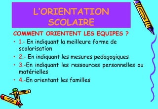 COMMENT ORIENTENT LES EQUIPES ? 1.-   En indiquant la meilleure forme de scolarisation  2.-   En indiquant les mesures pedagogiques  3.- En indiquant les ressources personnelles ou matérielles  4.- En orientant les familles  L’ORIENTATION SCOLAIRE 