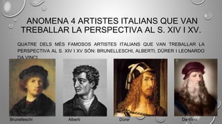 ANOMENA 4 ARTISTES ITALIANS QUE VAN
TREBALLAR LA PERSPECTIVA AL S. XIV I XV.
QUATRE DELS MÉS FAMOSOS ARTISTES ITALIANS QUE VAN TREBALLAR LA
PERSPECTIVA AL S. XIV I XV SÓN: BRUNELLESCHI, ALBERTI, DÜRER I LEONARDO
DA VINCI.
Brunelleschi Alberti Dürer Da Vinci
 