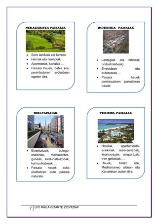7 LH5 MAILA GIZARTE ZIENTZIAK
NEKAZARITZA PAISAIAK
 Soro landuak eta larreak
 Herriak eta herrixkak
 Aberetxeak, kanalak …
 Paisaia hauek, batez ere,
penintsularen erdialdean
egoten dira.
INDUSTRIA PAISAIAK
 Lantegiak eta fabrikak
(industrialdeak)
 Errepideak eta
autobideak…
 Paisaia hauek
penintsularen iparraldean
daude.
HIRI-PAISAIAK
 Etxebizitzak, bulego-
eraikinak, merkataritza-
guneak, kirol-instalazioak,
komunikabieak….
 Paisaia hauek asko
eraldatzen dute paisaia
naturala.
TURISMO- PAISAIAK
 Hotelak, apartamento-
eraikinak, aisia-zentroak,
kirol-portuak, aireportuak,
tren-geltokiak….
 Hauek, batez ere,
Mediterraneo aldean eta
Kanarietan izaten dira.
 
