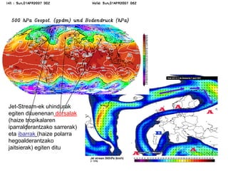 Altuerako   zirkulazio  atmosferikoaAire polarra goian mantentnzen daJet Stream (9tik -11 kilometrora altueran doa)Egitura tubularra eta mendebaldetik ekialderako ibilbidea egiten du.Abiadura maximoa 150 Km/h, Goi presioak eta behe presioak banatzen dituAire zorrotada moteltzen denean uhinak sortzen dira(c eta d)Zorrotada-korrontearen eboluzioaAire polarra hegoaldean sartzen da
