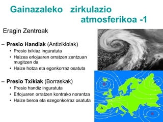 Gainazaleko  zirkulazio    atmosferikoa -1 <ul><li>Eragin Zentroak  </li></ul><ul><ul><li>Presio Handiak  (Antizikloiak) <...