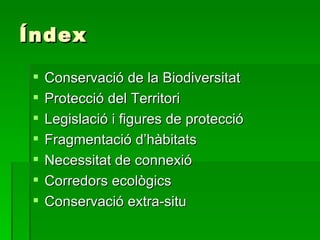 Índex Conservació de la Biodiversitat Protecció del Territori Legislació i figures de protecció Fragmentació d’hàbitats Necessitat de connexió Corredors ecològics Conservació extra-situ 