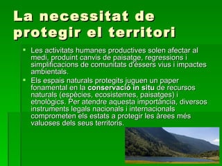 La necessitat de protegir el territori  Les activitats humanes productives solen afectar al medi, produint canvis de paisatge, regressions i simplificacions de comunitats d'éssers vius i impactes ambientals. Els espais naturals protegits juguen un paper fonamental en la  conservació in situ  de recursos naturals (espècies, ecosistemes, paisatges) i etnològics. Per atendre aquesta importància, diversos instruments legals nacionals i internacionals comprometen els estats a protegir les àrees més valuoses dels seus territoris. 