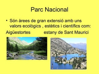 Parc Nacional
• Són àrees de gran extensió amb uns
  valors ecològics , estètics i científics com:
Aigüestortes        estany de Sant Maurici
 