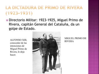 Directorio Militar: 1923-1925, Miguel Primo de
Rivera, capitán General del Cataluña, da un
golpe de Estado.
MIGUEL PRIMO DE
RIVERA
ALFONSO XIII,
conocedor de las
intenciones de
Miguel Primo de
Rivera, le deja
hacer.
 
