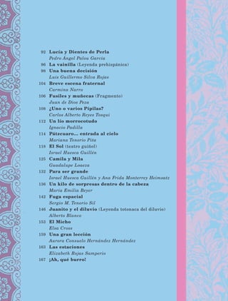 Lucía y Dientes de Perla
Pedro Ángel Palou García
La vainilla (Leyenda prehispánica)
Una buena decisión
Luis Guillermo Silva Rojas
Breve escena fraternal
Carmina Narro
Fusiles y muñecas (Fragmento)
Juan de Dios Peza
¿Uno o varios Pípilas?
Carlos Alberto Reyes Tosqui
Un lío morrocotudo
Ignacio Padilla
Pátzcuaro… entrada al cielo
Mariana Tenorio Pita
El Sol (teatro guiñol)
Israel Huesca Guillén
Camila y Mila
Guadalupe Loaeza
Para ser grande
Israel Huesca Guillén y Ana Frida Monterrey Heimsatz
Un kilo de sorpresas dentro de la cabeza
María Emilia Beyer
Fuga espacial
Sergio M. Tenorio Sil
Juanito y el diluvio (Leyenda totonaca del diluvio)
Alberto Blanco
El Micho
Elsa Cross
Una gran lección
Aurora Consuelo Hernández Hernández
Las estaciones
Elizabeth Rojas Samperio
¡Ah, qué burro!
92
96
98
104
106
108
112
114
118
125
132
136
142
146
153
159
163
167
LECTURAS 4 NO BERMAN.indd 9 27/03/12 13:32
 