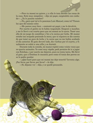 —Pero tu mamá no quiere, y a ella le toca decidir las cosas de
la casa. Está muy simpático —dijo mi papá, cargándolo con cuida-
do—. ¿Ya le pusiste nombre?
—No, ¿pero qué tal si le ponemos Luis Manuel, como tú? Tienen
los ojos del mismo color.
—Me parece muy bien —contestó mi papá y me lo devolvió.
Por suerte el gatito no lo había rasguñado. Empezó a maullar,
y me lo llevé a mi cuarto para que mi mamá no lo oyera. Tomé una
olla de mi juego de comiditas y fui a la cocina por leche. Mi mamá
estaba tan ocupada poniendo la mesa, que ni siquiera se dio cuenta
de que tomé un poco de leche y la carne que no me había acabado
el día anterior. El gato devoró todo, dio vueltas por el cuarto, y fi-
nalmente se subió a una silla y se durmió.
Durante toda la comida, mi mamá repitió como veinte veces que
no quería animales. Yo comí muy rápido, pedí permiso de ir a jugar
con Esteban, y por suerte me dejaron, pues no tenía tarea. Me llevé
al gato, que a Esteban le encantó; pero como él tenía dos perros no
se lo podía quedar.
—¿Qué haré para que mi mamá me deje tenerlo? Inventa algo.
¡Por favor, por favor, por favor! —le dije.
—Sí, déjame ver —dijo, y se quedó pensando.
155
LECTURAS 4 NO BERMAN.indd 155 27/03/12 13:37
 