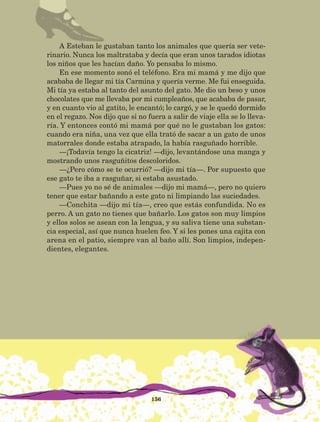 A Esteban le gustaban tanto los animales que quería ser vete-
rinario. Nunca los maltrataba y decía que eran unos tarados idiotas
los niños que les hacían daño. Yo pensaba lo mismo.
En ese momento sonó el teléfono. Era mi mamá y me dijo que
acababa de llegar mi tía Carmina y quería verme. Me fui enseguida.
Mi tía ya estaba al tanto del asunto del gato. Me dio un beso y unos
chocolates que me llevaba por mi cumpleaños, que acababa de pasar,
y en cuanto vio al gatito, le encantó; lo cargó, y se le quedó dormido
en el regazo. Nos dijo que si no fuera a salir de viaje ella se lo lleva-
ría. Y entonces contó mi mamá por qué no le gustaban los gatos:
cuando era niña, una vez que ella trató de sacar a un gato de unos
matorrales donde estaba atrapado, la había rasguñado horrible.
—¡Todavía tengo la cicatriz! —dijo, levantándose una manga y
mostrando unos rasguñitos descoloridos.
—¿Pero cómo se te ocurrió? —dijo mi tía—. Por supuesto que
ese gato te iba a rasguñar, si estaba asustado.
—Pues yo no sé de animales —dijo mi mamá—, pero no quiero
tener que estar bañando a este gato ni limpiando las suciedades.
—Conchita —dijo mi tía—, creo que estás confundida. No es
perro. A un gato no tienes que bañarlo. Los gatos son muy limpios
y ellos solos se asean con la lengua, y su saliva tiene una substan-
cia especial, así que nunca huelen feo. Y si les pones una cajita con
arena en el patio, siempre van al baño allí. Son limpios, indepen-
dientes, elegantes.
156
LECTURAS 4 NO BERMAN.indd 156 27/03/12 13:37
 