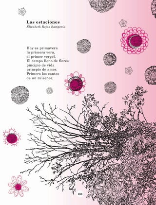 163
Las estaciones
Elizabeth Rojas Samperio
Hoy es primavera
la primera vera,
el primer vergel.
El campo lleno de flores
pincipio de vida
princpio de amor.
Primero los cantos
de un ruiseñor.
LECTURAS 4 NO BERMAN.indd 163 27/03/12 13:38
 