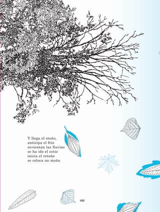 165
Y llega el otoño,
anticipa el frío
revientan las lluvias
se ha ido el estío
inicia el retoño
se coloca un moño.
LECTURAS 4 NO BERMAN.indd 165 27/03/12 13:38
 