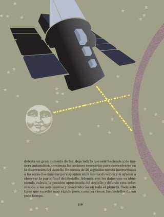 118
detecta un gran aumento de luz, deja todo lo que esté haciendo y, de ma-
nera automática, comienza las acciones necesarias para concentrarse en
la observación del destello. En menos de 20 segundos manda instrucciones
a las otras dos cámaras para apunten en la misma dirección y le ayuden a
observar la parte final del destello. Además, con los datos que va obte-
niendo, calcula la posición aproximada del destello y difunde esta infor-
mación a los astrónomos y observatorios en todo el planeta. Todo esto
tiene que suceder muy rápido pues, como ya vimos, los destellos duran
poco tiempo.
AB-Lecturas-5 NO BERMAN p001-208.indd 118 27/03/12 13:29
 