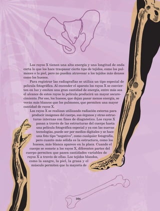 164
Los rayos X tienen una alta energía y una longitud de onda
corta lo que los hace traspasar cierto tipo de tejidos, como los pul-
mones o la piel, pero no pueden atravesar a los tejidos más densos
como los huesos.
Para registrar las radiografías se utiliza un tipo especial de
película fotográfica. Al encender el aparato los rayos X se convier-
ten en luz y emiten una gran cantidad de energía, entre más sea
el alcance de estos rayos la película producirá un mayor oscure-
cimiento. Por eso, los huesos, que dejan pasar menos energía, se
verán más blancos que los pulmones, que permiten una mayor
cantidad de rayos X.
Los rayos X se realizan utilizando radiación externa para
producir imágenes del cuerpo, sus órganos y otras estruc-
turas internas con fines de diagnóstico. Los rayos X
pasan a través de las estructuras del cuerpo hasta
una película fotográfica especial y ya con las nuevas
tecnologías, puede ser por medios digitales y se hace
una foto tipo “negativo”, como cualquier fotografía,
pero cuanto más sólida es la estructura, como los
huesos, más blanca aparece en la placa. Cuando el
cuerpo se somete a los rayos X, diferentes partes del
cuerpo permiten que pasen cantidades variables de
rayos X a través de ellas. Los tejidos blandos,
como la sangre, la piel, la grasa y el
músculo permiten que la mayoría de
AB-Lecturas-5 NO BERMAN p001-208.indd 164 27/03/12 13:30
 