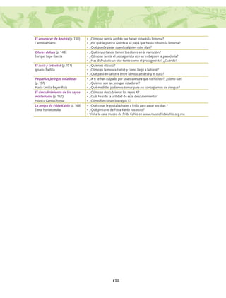 175
El amanecer de Andrés (p. 138)
Carmina Narro
•	¿Cómo se sentía Andrés por haber robado la linterna?
•	¿Por qué le platicó Andrés a su papá que había robado la linterna?
•	¿Qué puede pasar cuando alguien roba algo?
Olores dulces (p. 148)
Enrique Lepe García
•	¿Qué importancia tienen los olores en la narración?
•	¿Cómo se sentía el protagonista con su trabajo en la panadería?
•	¿Has disfrutado un olor tanto como el protagonista? ¿Cuándo?
El cucú y la tsetsé (p. 151)
Ignacio Padilla
•	¿Quién es el cucú?
•	¿Cómo es la mosca tsetsé y cómo llegó a la torre?
•	¿Qué pasó en la torre entre la mosca tsetsé y el cucú?
Pequeñas jeringas voladoras
(p. 157)
María Emilia Beyer Ruiz
•	¿A ti te han culpado por una travesura que no hiciste?, ¿cómo fue?
•	¿Quiénes son las jeringas voladoras?
•	¿Qué medidas podemos tomar para no contagiarnos de dengue?
El descubrimiento de los rayos
misteriosos (p. 162)
Mónica Genis Chimal
•	¿Cómo se descubrieron los rayos X?
•	¿Cuál ha sido la utilidad de este descubrimiento?
•	¿Cómo funcionan los rayos X?
La amiga de Frida Kahlo (p. 168)
Elena Poniatowska
•	¿Qué cosas le gustaba hacer a Frida para pasar sus días ?
•	¿Qué pinturas de Frida Kahlo has visto?
•	Visita la casa museo de Frida Kahlo en www.museofridakahlo.org.mx.
AB-Lecturas-5 NO BERMAN p001-208.indd 175 27/03/12 13:30
 