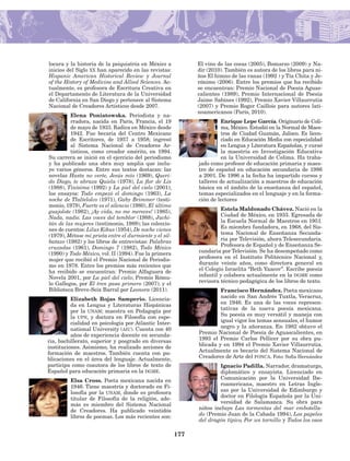 177
locura y la historia de la psi­quiatría en México a
inicios del Siglo xx han aparecido en las revistas:
Hispa­nic American Historical Review y Journal
of the History of Medicine and Allied Sciences. Ac-
tualmente, es profesora de Escritura Creativa en
el Departamento de Literatura de la Universidad
de California en San Diego y pertenece al Sistema
Nacional de Creadores Artísticos desde 2007.
Elena Poniatowska. Periodista y na-
rradora, nacida en París, Francia, el 19
de mayo de 1933. Radica en México desde
1942. Fue becaria del Centro Mexicano
de Escritores, de 1957 a 1958; ingresó
al Sistema Nacional de Creadores Ar-
tísticos, como creador emérito, en 1994.
Su carrera se inició en el ejercicio del periodismo
y ha publicado una obra muy amplia que inclu-
ye varios géneros. Entre sus textos destacan: las
novelas Hasta no verte, Jesús mío (1969), Queri-
do Diego, te abraza Quiela (1978), La flor de Lis
(1988), Tinísima (1992) y La piel del cielo (2001);
los ensayos: Todo empezó el domingo (1963), La
noche de Tlaltelolco (1971), Gaby Brimmer (testi-
monio, 1979), Fuerte es el silencio (1980), El último
guajolote (1982), ¡Ay vida, no me mereces! (1985),
Nada, nadie. Las voces del temblor (1988), Juchi­
tán de las mujeres (testimonio, 1989); las coleccio-
nes de cuentos: Lilus Kikus (1954), De noche vienes
(1979), Métase mi prieta entre el durmiente y el sil-
batazo (1982) y los libros de entrevistas: Palabras
cruzadas (1961), Domingo 7 (1982), Todo Méxi­co
(1990) y Todo México, vol. II (1994). Fue la primera
mujer que recibió el Premio Nacional de Periodis-
mo en 1978. Entre los premios más recientes que
ha recibido se encuentran: Premio Alfaguara de
Novela 2001, por La piel del cielo; Premio Rómu-
lo Gallegos, por El tren pasa primero (2007); y el
Biblioteca Breve-Seix Barral por Leonora (2011).
Elizabeth Rojas Samperio. Licencia-
da en Lengua y Literaturas Hispánicas
por la unam; maestra en Pedagogía por
la upn, y doctora en Filosofía con espe-
cialidad en psicología por Atlantic Inter-
national University (aiu). Cuenta con 40
años de experiencia docente en secunda-
ria, bachillerato, superior y posgrado en diversas
instituciones. Asimismo, ha realizado acciones de
formación de maestros. También cuenta con pu-
blicaciones en el área del lenguaje. Actualmente,
participa como coautora de los libros de texto de
Español para educación primaria en la dgme.
Elsa Cross. Poeta mexicana nacida en
1946. Tiene maestría y doctorado en Fi-
losofía por la unam, donde es profesora
titular de Filosofía de la religión, ade-
más es miembro del Sistema Nacional
de Creadores. Ha publicado veintidós
libros de poemas. Los más recientes son:
El vino de las cosas (2005), Bomarzo (2009) y Na-
dir (2010). También es autora de los libros para ni-
ños El himno de las ranas (1992 ) y Tía Chita y Je-
rónimo (2006). Entre los premios que ha reci­bido
se encuentran: Premio Nacional de Poesía Aguas-
calientes (1989), Premio Internacional de Poesía
Jaime Sabines (1992), Premio Xavier Villaurrutia
(2007) y Premio Roger Caillois para autores lati-
noamericanos (París, 2010).
Enrique Lepe García. Originario de Coli-
ma, México. Estudió en la Normal de Maes-
tros de Ciudad Guzmán, Jalisco. Es licen-
ciado en Educación Media con especialidad
en Lengua y Literatura Españolas, y cursó
la maestría en Investi­gación Educativa
en la Universidad de Colima. Ha traba-
jado como profesor de educación primaria y maes-
tro de español en educación secundaria de 1986
a 2001. De 1996 a la fecha ha impartido cursos y
talleres de actualización a maes­tros de educación
básica en el ámbito de la enseñanza del español,
temas espe­cializados en el lenguaje y en la forma-
ción de lectores
Estela Maldonado Chávez. Nació en la
Ciudad de México, en 1933. Egresada de
la Escuela Normal de Maestros en 1951.
Es miembro fundadora, en 1968, del Sis-
tema Nacional de Enseñanza Secunda-
ria por Televisión, ahora Telesecunda­ria.
Profesora de Español y de Enseñanza Se-
cundaria por Televisión. Se ha desempeñado como
profesora en el Instituto Politécnico Nacional y,
durante veinte años, como directora general en
el Colegio Israelita “Beth Yaacov”. Es­cribe poesía
infantil y colabora actualmente en la dgme como
revisora técnico pedagógica de los libros de texto.
Francisco Hernández. Poeta mexicano
nacido en San Andrés Tuxtla, Veracruz,
en 1946. Es una de las voces represen-
tativas de la nueva poesía mexicana.
Su poesía es muy versátil y maneja con
igual vigor los temas sensuales, el humor
negro y la añoranza. En 1982 obtuvo el
Premio Nacional de Poesía de Aguasca­lientes, en
1993 el Premio Carlos Pellicer por su obra pu-
blicada y en 1994 el Premio Xavier Villaurrutia.
Actualmente es becario del Sistema Nacional de
Creadores de Arte del fonca. Foto: Sofía Hernández
Ignacio Padilla. Narrador, dramaturgo,
diplomático y ensayista. Licenciado en
Comunicación por la Universidad Ibe-
roamericana, maestro en Letras Ingle­
sas por la Universidad de Edimburgo y
doctor en Filología Española por la Uni-
versidad de Salamanca.  Su obra para
niños incluye  Las tormentas del mar embotella-
do (Premio Juan de la Cabada 1994), Los papeles
del dragón típico, Por un tornillo y Todos los osos
AB-Lecturas-5 NO BERMAN p001-208.indd 177 27/03/12 13:30
 