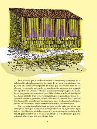 78
Pero sucedió que, cuando nos encontrábamos muy contentos en la
celebración, el cielo comenzó a tornarse de un oscuro tan intenso que
parecía una verdadera serpiente de nubes que se arremolinaba en las
alturas y comenzaba a despedir tremendos relámpagos con sus respecti-
vos y posteriores truenos. Todos nos incomodamos un poco, pues mi mamá
había preparado una enorme cazuela del mole favorito de mi abuelo que
nos había costado gran esfuerzo cargarla, por lo grandota que era y el
agua iniciando sus goterones, amenazaba destruir nuestra fiesta campes-
tre. En montón nos echamos a correr hacia unos tejabanes abandonados
que se hallaban como a cien metros de donde nos encontrábamos.
Ahí nos refugiamos los hijos de mi tatarabuelo, todos mis viejos tíos;
los hijos de sus hijos, es decir sus nietos; los hijos de los hijos de sus hijos,
esto es; sus bisnietos y mis hermanos y primos que somos sus tataranie-
tos. Mi prima mayor ya le va a dar un chozno y todos temimos que esta
sobresaltada carrera le fuera a hacer daño.
AB-Lecturas-5 NO BERMAN p001-208.indd 78 27/03/12 13:28
 