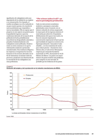 Las seis grandes tendencias que transformarán el mundo      29
significativo de trabajadores sufra una
degradación de la calidad de sus empleos
y su remuneración. En el pasado, el
cambio tecnológico no se ha traducido en
un paro masivo gracias a la creación de
nuevas profesiones que respondían a
nuevas necesidades. Ello no supone que el
progreso en este aspecto sea positivo para
la igualdad de ingresos o para las
condiciones laborales de la mayoría de la
población de hecho probablemente
exacerbaría las desigualdades salariales y
perjudica fundamentalmente a los
trabajadores semicualificados. Donde sí
existe un cierto consenso es en que la
robotización conducirá a protocolos
estandarizados. Esta tendencia obligará a
las empresas a reorganizar los recursos
humanos en los sectores afectados con el
fin de sistematizar al máximo todos los
procesos y propiciará una disminución de
la vinculación de los trabajadores con
estas profesiones.
1994
Empleo
Producción
Índice
1989 1999 2004 2009
La áreas sombreadas indican recesiones en los EEUU
2014
160
150
140
130
120
110
100
90
80
70
60
Cuadro 6.
Evolución del empleo y de la producción en la industria manufacturera de EEUU.
Fuente: FRED
“The winner takes it all”: un
nuevo paradigma productivo 	
Cada vez más sectores económicos
tenderán a asemejarse a mercados
globalizados como el musical, con un
número reducido de artistas acaparando
la mayor parte de los ingresos mientras el
resto lucha por sobrevivir. El paulatino
debilitamiento del espacio intermedio a la
hora de consumir impulsará la
concentración empresarial al hacer que las
oportunidades de negocio se centren en la
hiperespecialización –buscando el valor
añadido–, o en las economías de escala –
para reducir precios–. Durante los cinco
últimos años, el valor de las 100 mayores
empresas por cotización bursátil ha
aumentado un 45%, alcanzando los 14,32
billones de dólares. Los países con mayor
número de pymes tendrán más problemas
para competir en este mercado. Es
probable que los Gobiernos de los países
 
