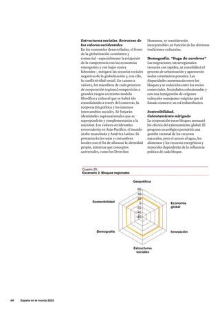 60     España en el mundo 2033
Humanos, se considerarán
interpretables en función de las distintas
tradiciones culturales.
Demografía. “Fuga de cerebros”
Las migraciones intrarregionales
crecerán con rapidez, se consolidará el
proceso de urbanización y aparecerán
nodos económicos potentes. Las
disparidades aumentarán entre los
bloques y se reducirán entre los socios
comerciales. Sociedades cohesionadas y
con una inmigración de orígenes
culturales semejantes exigirán que el
Estado conserve un rol redistributivo.
Sostenibilidad.
Calentamiento mitigado
La cooperación entre bloques atenuará
los efectos del calentamiento global. El
progreso tecnológico permitirá una
gestión racional de los recursos
naturales, pero el acceso al agua, los
alimentos y los recursos energéticos y
minerales dependerán de la influencia
política de cada bloque.
Estructuras sociales. Retroceso de
los valores occidentales
En las economías desarrolladas, el freno
de la globalización económica y
comercial –especialmente la relajación
de la competencia con las economías
emergentes y con bajos costes
laborales–, mitigará las secuelas sociales
negativas de la globalización y, con ello,
la conflictividad social. En cuanto a
valores, los miembros de cada proyecto
de cooperación regional compartirán a
grandes rasgos un mismo modelo
filosófico y cultural que se habrá ido
consolidando a través del comercio, la
cooperación política y los intensos
intercambios sociales. Se forjarán
identidades supranacionales que se
superpondrán y complementarán a la
nacional. Los valores occidentales
retrocederán en Asia-Pacífico, el mundo
árabe-musulmán y América Latina. Se
potenciarán los usos y costumbres
locales con el fin de afianzar la identidad
propia, mientras que conceptos
universales, como los Derechos
Innovación
Geopolítica
Demografía
Sostenibilidad
-40
-20
0
20
40
60
-60
Estructuras
sociales
Economía
global
Cuadro 20.
Escenario 2. Bloques regionales
 