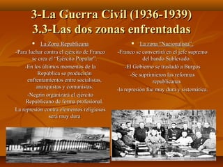 3-La Guerra Civil (1936-1939)3-La Guerra Civil (1936-1939)
3.3-Las dos zonas enfrentadas3.3-Las dos zonas enfrentadas
 La Zona RepublicanaLa Zona Republicana
-Para luchar contra el ejército de Franco-Para luchar contra el ejército de Franco
se crea el “Ejército Popular”.se crea el “Ejército Popular”.
-En los últimos momentos de la-En los últimos momentos de la
República se produciránRepública se producirán
enfrentamientos entre socialistas,enfrentamientos entre socialistas,
anarquistas y comunistas.anarquistas y comunistas.
-Negrín organizará el ejército-Negrín organizará el ejército
Republicano de forma profesional.Republicano de forma profesional.
La represión contra elementos religiososLa represión contra elementos religiosos
será muy duraserá muy dura
 La zona “Nacionalista”.La zona “Nacionalista”.
-Franco se convertirá en el jefe supremo-Franco se convertirá en el jefe supremo
del bando Sublevado.del bando Sublevado.
-El Gobierno se trasladó a Burgos-El Gobierno se trasladó a Burgos
-Se suprimieron las reformas-Se suprimieron las reformas
republicanasrepublicanas
-la represión fue muy dura y sistemática.-la represión fue muy dura y sistemática.
 