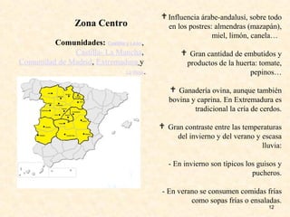 12
 Influencia árabe-andalusí, sobre todo
en los postres: almendras (mazapán),
miel, limón, canela…
 Gran cantidad de embutidos y
productos de la huerta: tomate,
pepinos…
 Ganadería ovina, aunque también
bovina y caprina. En Extremadura es
tradicional la cría de cerdos.
 Gran contraste entre las temperaturas
del invierno y del verano y escasa
lluvia:
- En invierno son típicos los guisos y
pucheros.
- En verano se consumen comidas frías
como sopas frías o ensaladas.
Comunidades: Castilla y León,
Castilla- La Mancha,
Comunidad de Madrid, Extremadura y
La Rioja.
Zona Centro
 
