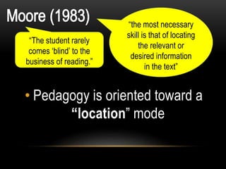 • Pedagogy is oriented toward a
“location” mode
“The student rarely
comes ‘blind’ to the
business of reading.”
“the most necessary
skill is that of locating
the relevant or
desired information
in the text”
 