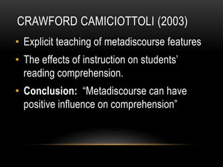 • Explicit teaching of metadiscourse features
• The effects of instruction on students’
reading comprehension.
• Conclusion: “Metadiscourse can have
positive influence on comprehension”
CRAWFORD CAMICIOTTOLI (2003)
 