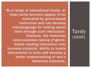 Tardy
(2006)
“At a range of educational levels, at
least some learners appear to be
motivated by genre-based
instruction and can develop
metalanguage for talking about
texts through such instruction.
Similarly, the rhetorical
consciousness-raising of genre-
based reading instruction may
increase students’ ability to locate
information in texts and develop a
better understanding of text’s
rhetorical elements.
 