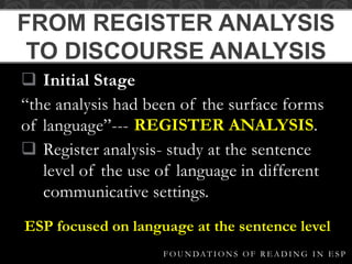  Initial Stage
“the analysis had been of the surface forms
of language”---
 Register analysis- study at the sentence
level of the use of language in different
communicative settings.
FROM REGISTER ANALYSIS
TO DISCOURSE ANALYSIS
F O U N DAT I O N S O F R E A D I N G I N E S P
REGISTER ANALYSIS.
ESP focused on language at the sentence level
 