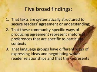 Five broad findings:
1. That texts are systematically structured to
secure readers’ agreement or understanding;
2. That these community-specific ways of
producing agreement represent rhetorical
preferences that are specific to particular
contexts
3. That language groups have different ways of
expressing ideas and negotiating writer-
reader relationships and that this represents
 