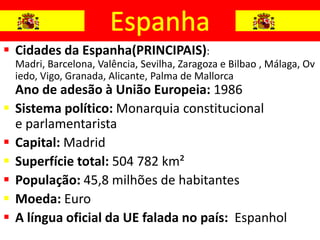  Cidades da Espanha(PRINCIPAIS):
    Madri, Barcelona, Valência, Sevilha, Zaragoza e Bilbao , Málaga, Ov
    iedo, Vigo, Granada, Alicante, Palma de Mallorca
    Ano de adesão à União Europeia: 1986
   Sistema político: Monarquia constitucional
    e parlamentarista
   Capital: Madrid
   Superfície total: 504 782 km²
   População: 45,8 milhões de habitantes
   Moeda: Euro
   A língua oficial da UE falada no país: Espanhol
 