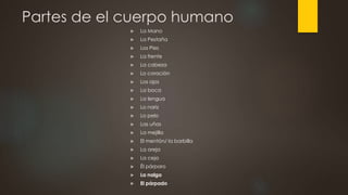Partes de el cuerpo humano
 La Mano
 La Pestaña
 Los Pies
 La frente
 La cabeza
 Lo coración
 Los ojos
 La boca
 La lengua
 Lo nariz
 Lo pelo
 Las uñas
 La mejilla
 El mentón/ la barbilla
 La oreja
 La ceja
 Èl párparo
 La nalga
 El párpado
 