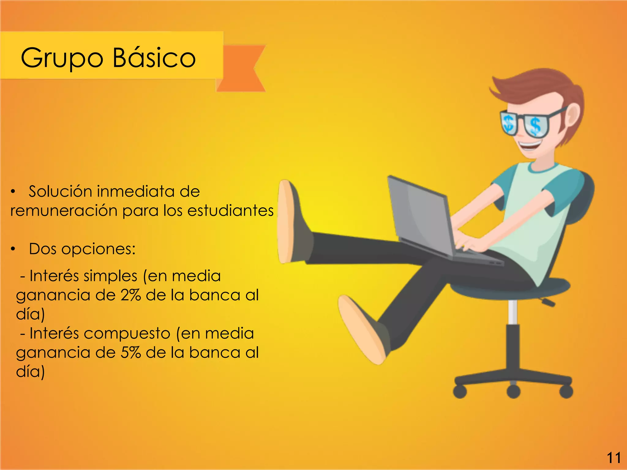 Grupo Básico
• Solución inmediata de
remuneración para los estudiantes
• Dos opciones:
- Interés simples (en media
ganancia de 2% de la banca al
día)
- Interés compuesto (en media
ganancia de 5% de la banca al
día)
11
 