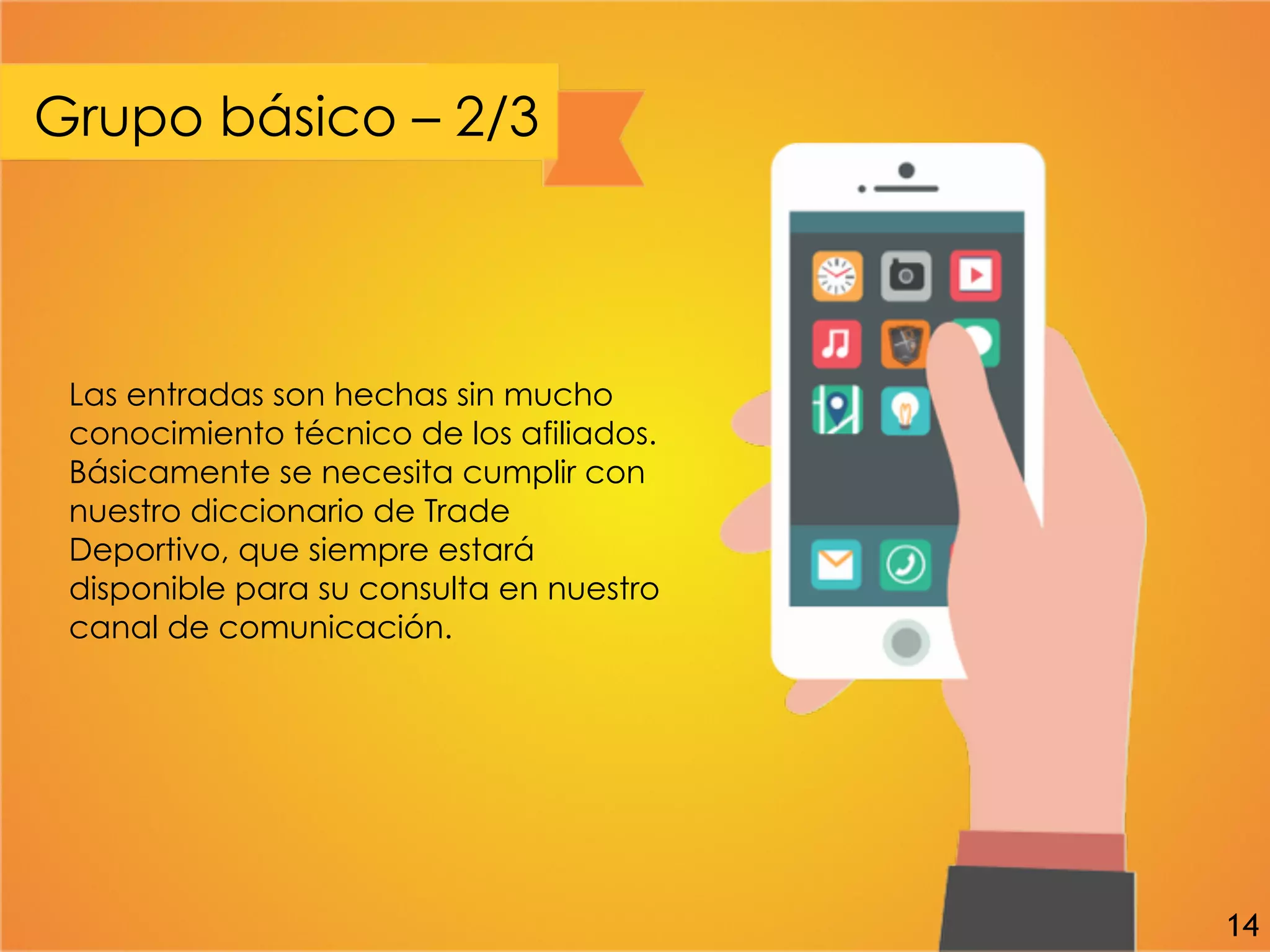 Grupo básico – 2/3
Las entradas son hechas sin mucho
conocimiento técnico de los afiliados.
Básicamente se necesita cumplir con
nuestro diccionario de Trade
Deportivo, que siempre estará
disponible para su consulta en nuestro
canal de comunicación.
14
 